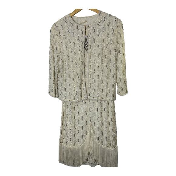 unknown Dresses & Skirts - Vintage Ivory Delicate Beaded Dress & Jacket Set Women's Size 10 Fringe